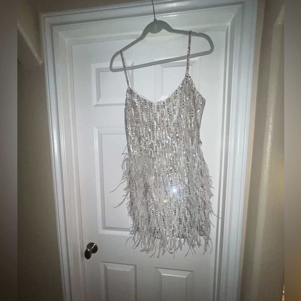 White & silver Sequin and Feather Dress - Picture 9 of 11